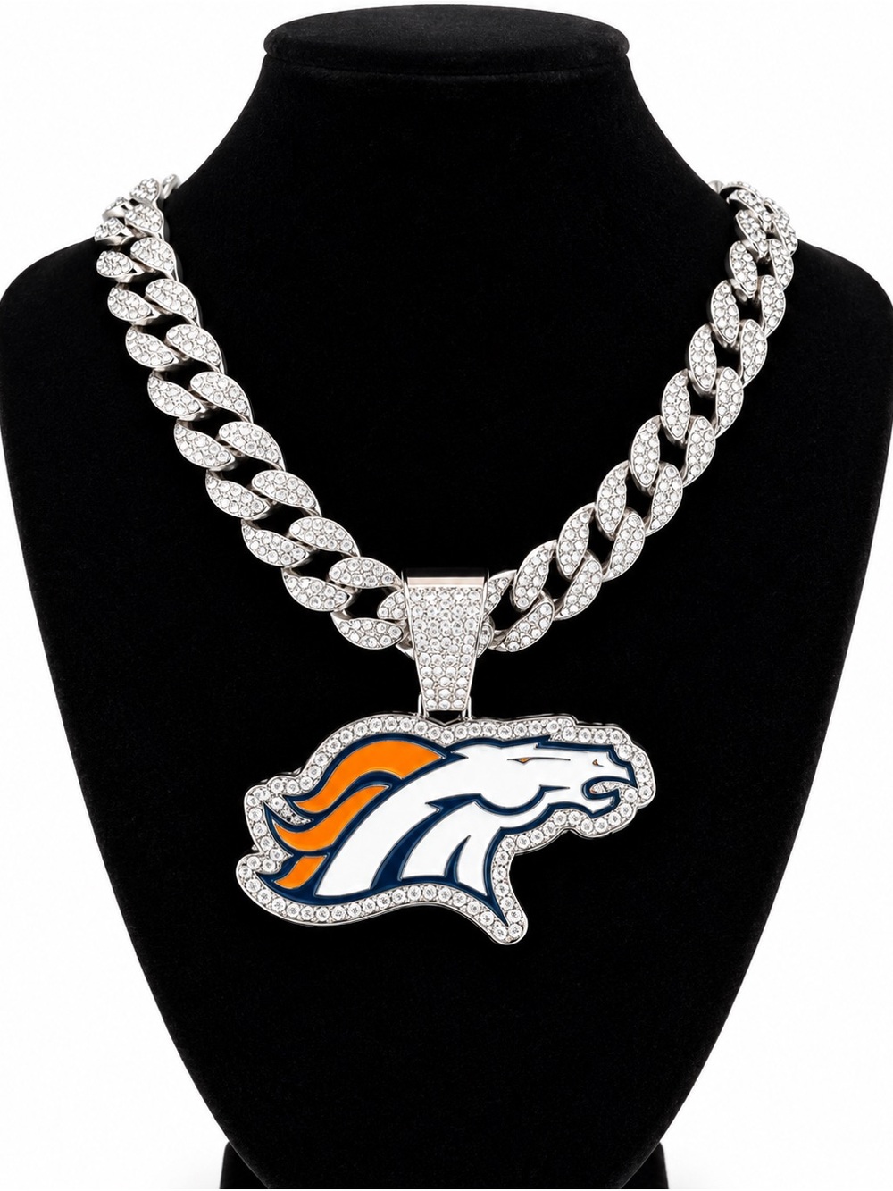 Denver Broncos Rhinestone Iced Out Cuban Link Pendant Necklace Football Jewelry